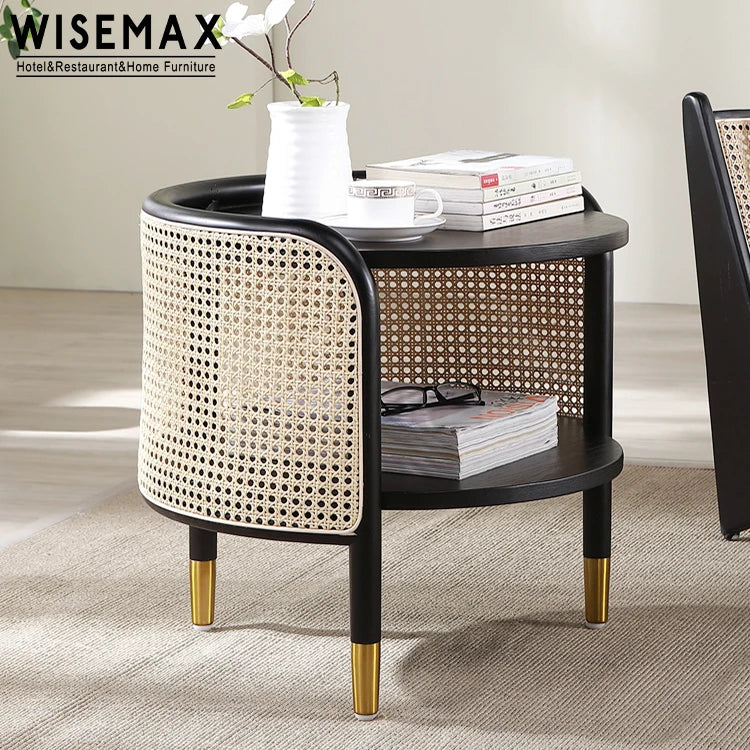 WISEMAX FURNITURE Wooden Frame Round Coffee Table Living Room Side Table Rattan Around Beside Table with Storage Shelf