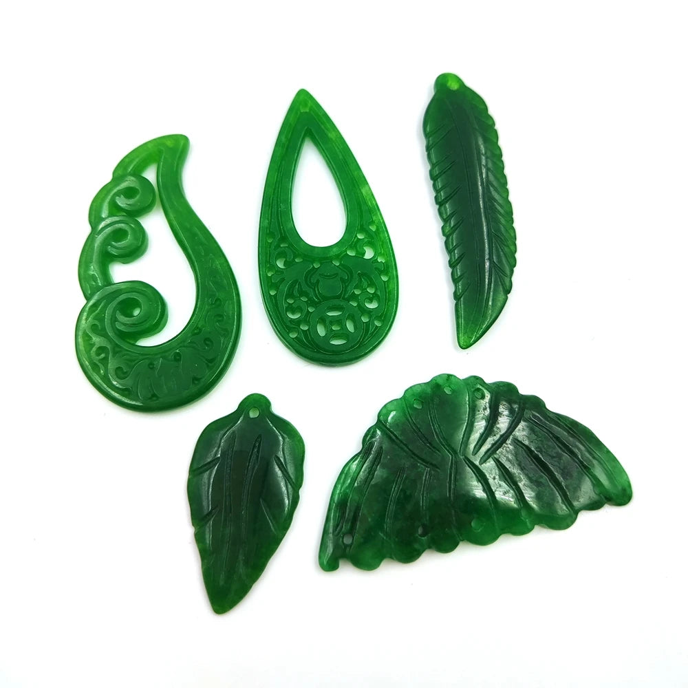 Tess Jewelry Chinese Jade Fashion Gemstone Pendant Engraved Natural Jade Leaf Drop Feather Pendants Necklace Earrings Making