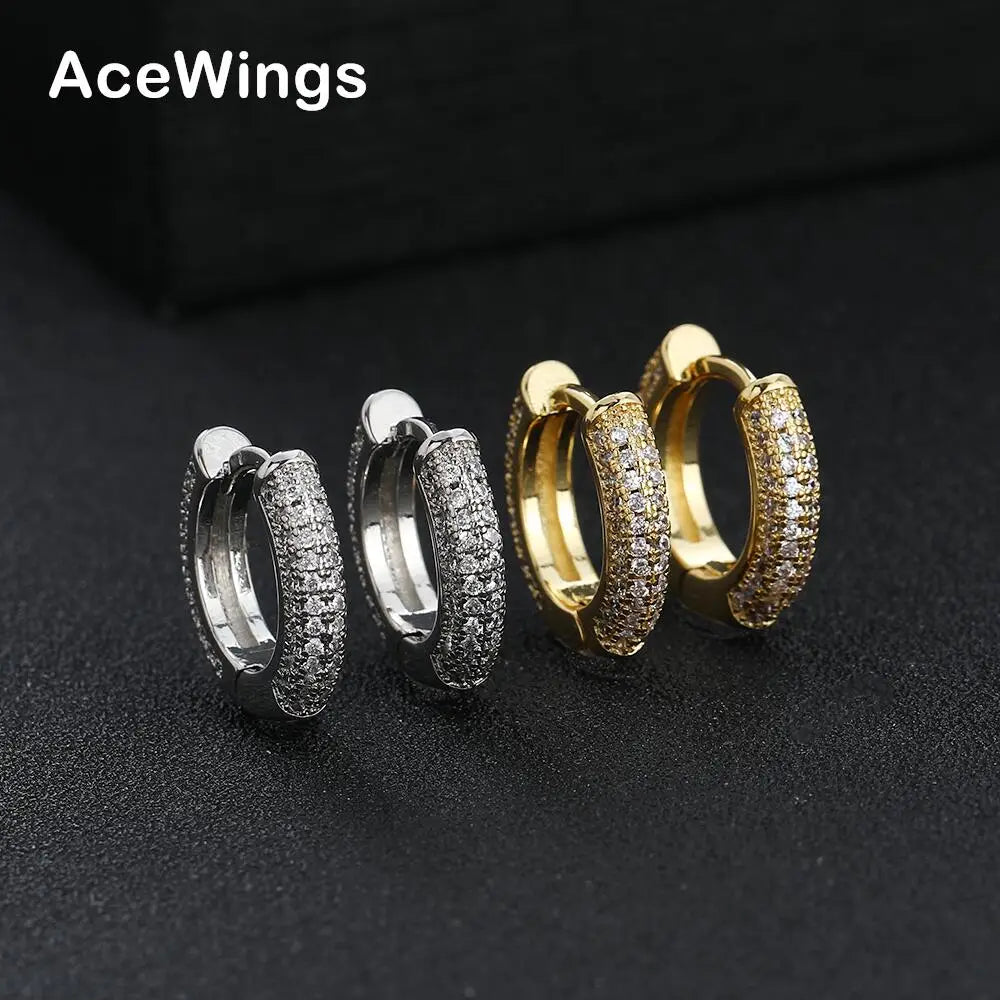 E077 Men and Women Round Geometric Gold Plated Hip Hop Stud Earrings with Micro Pave CZ for Anniversary