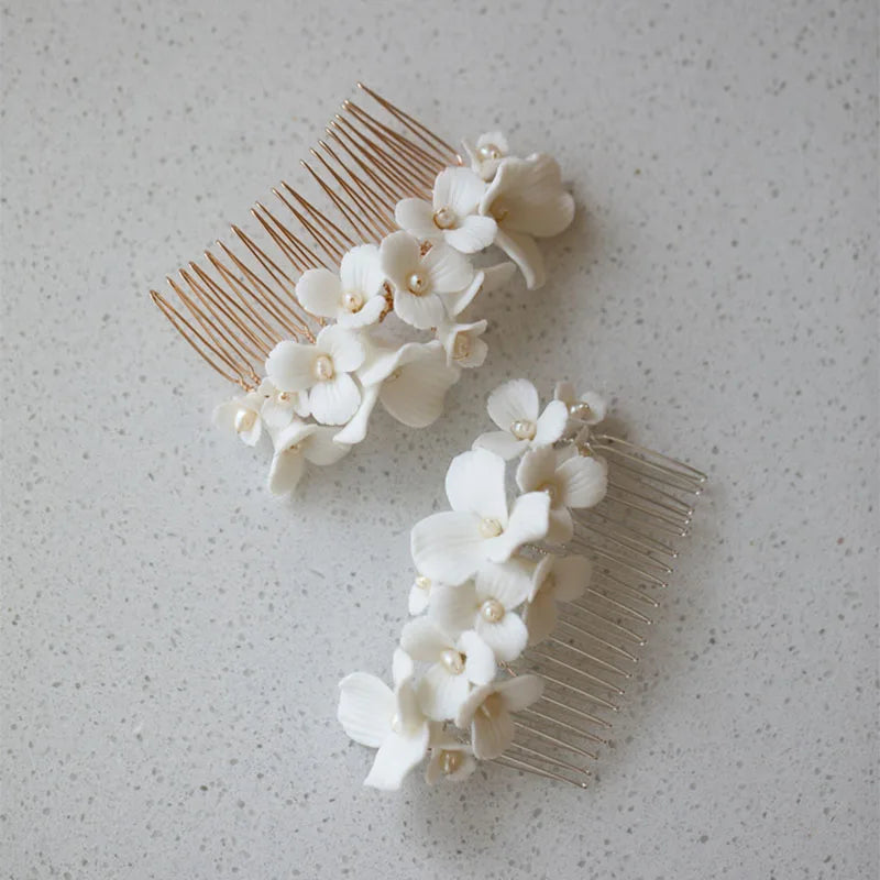 SLBRIDAL Handmade Alloy Rhinestones Porcelain Flower Freshwater Pearls Bridal Hair Comb Wedding Hair Accessories Women Jewelry