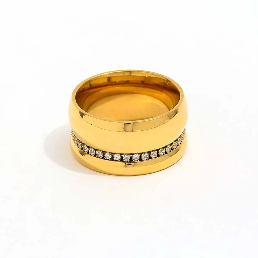 High End Women's 18K PVD Gold Plated Stainless Steel Ring Waterproof Zirconia Band with Cambered Surface Fashion Jewelry Gift