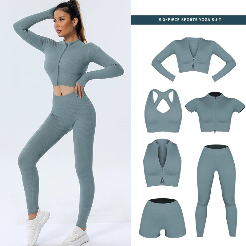 FLW Women's 6-Piece Seamless Sportswear Set Long Sleeve Crop Top Pant Elastic Waist for Yoga Gym Fitness Active Wear Wholesale