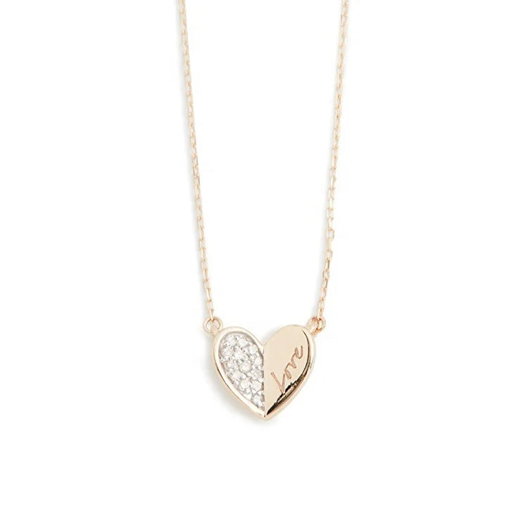 LOZRUNVE 925 Sterling Silver Gold Plated Personalized Engraved Love Pave Folded Heart Pendant Necklace