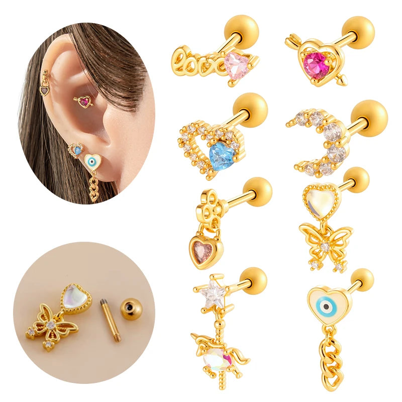 Hengsen Stainless Steel Tragus Earrings Colorful CZ Heart Moon Dangle Ball Back Stud Earring Cartilage Helix Piercing Jewelry