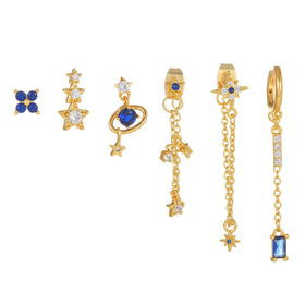New Design Star Moon Earrings Set 18K Gold Plated Brass Earrings Fashion Jewelry Artistic Six-Piece Zircon Earrings for Women