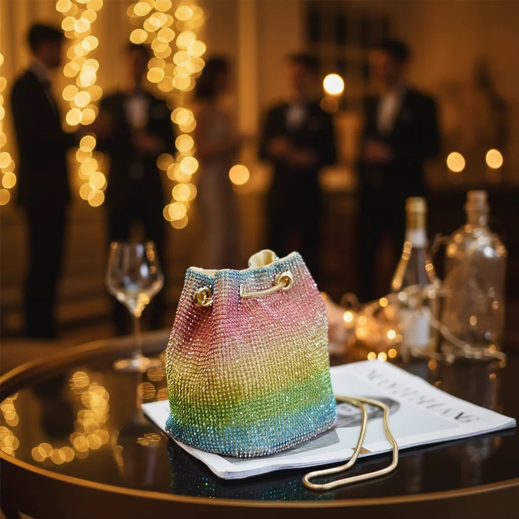 Fashion Bling Crystal Bags Beaded Diamond Purse for Women Sparkly Clutch Purse Double Chain Crossbody Bag Rhinestone Bucket Bags