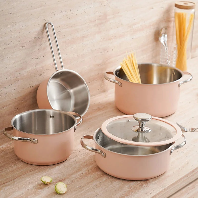 Custom Pink Stainless Steel 304 Casserole Induction Soup Pot Cookware Set for Kitchenware Wholesale