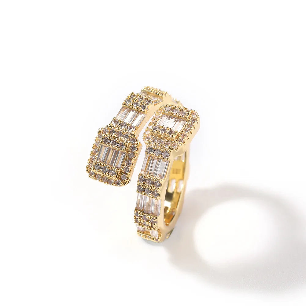 Cz Pave Icy Provence Baguette Cut Diamond Halo Eternity Ring Adjustable Latest Hiphop Irregular Geometric Brass Trendy Zircon