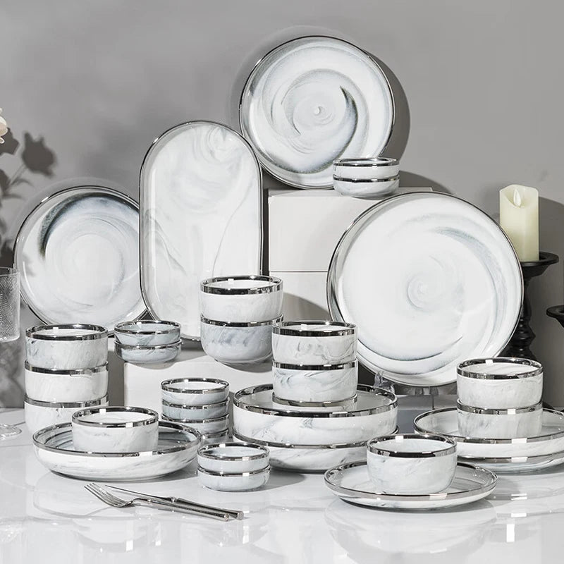 Luxury Marble Silver Rim Kitchen Porcelain Crockery Plate Set 35 Pieces Ceramic Dinner Ware Set for Restaurant Hotel