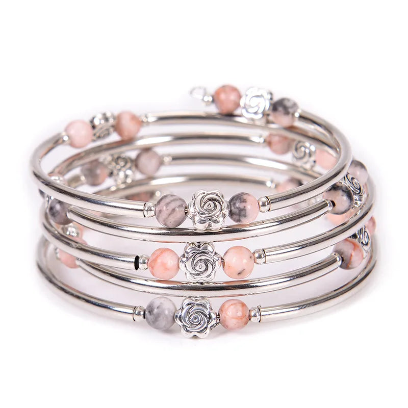 Beaded Gem Stone Crystal Memory Wire Bracelet Pink Zebra Wrap Bangle Five Layered Stacked Cuff Bracelet