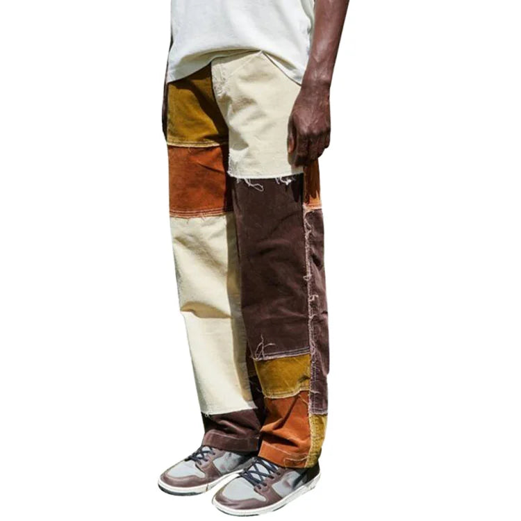 Custom Men's Straight Leg Casual Pants Multi-Tone Patchwork Design Frayed Hem Detail Loose Fit Artistic Bohemian Style Everyday