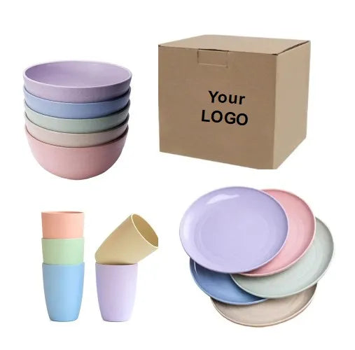 5 Colors Hot Selling Eco-friendly Reusable Wheat Straw Plastic Bowls Plates Cups Set Dinnerware Sets for Home Outdoor RVs