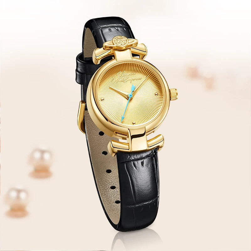 Mark Fairwhale 2026 New Quartz Watch Leather Watchband Gold Dial Vintage Watch Gold Luxury Business Waterproof Ladies Wristwatch
