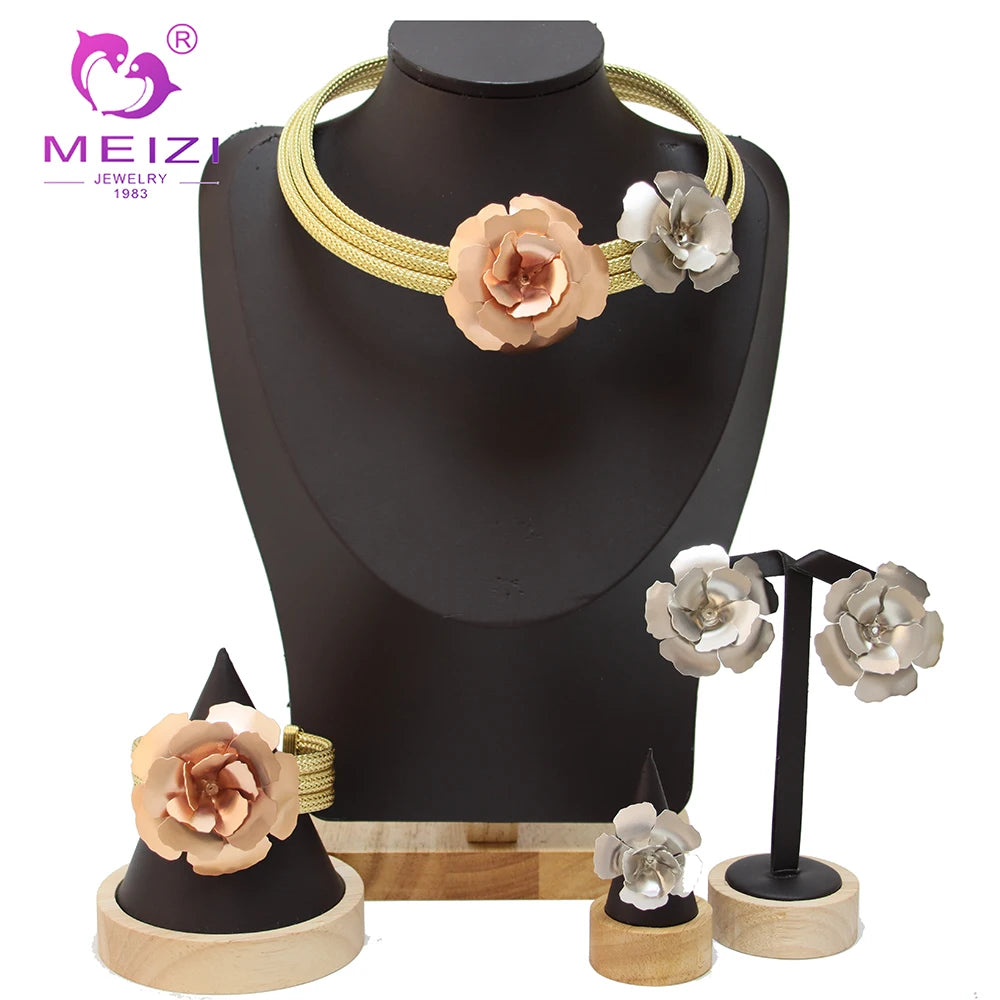 MEIZI JEWELRY Exquisite Gold-Plated Flower Earring Set for Women Pearl Main Stone for Banquet Dating Wedding Gifts