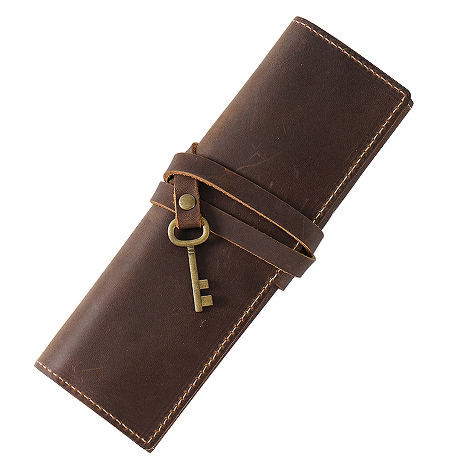 Stock Retro First Layer Cowhide Multifunctional Pen Bag Simple Literary Leather Pencil Case with Multifunctional Pen Roll Bag