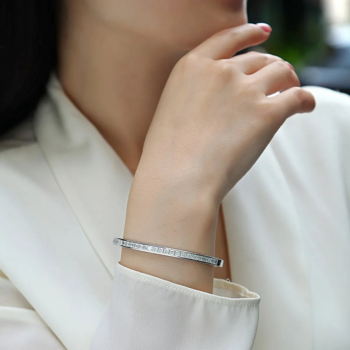 De Princess Cut  Moissanite VVS1 Iced Out Baguette Bracelet 925 Silver Square Moissanite Bangles Full Sparkle Design Bangle