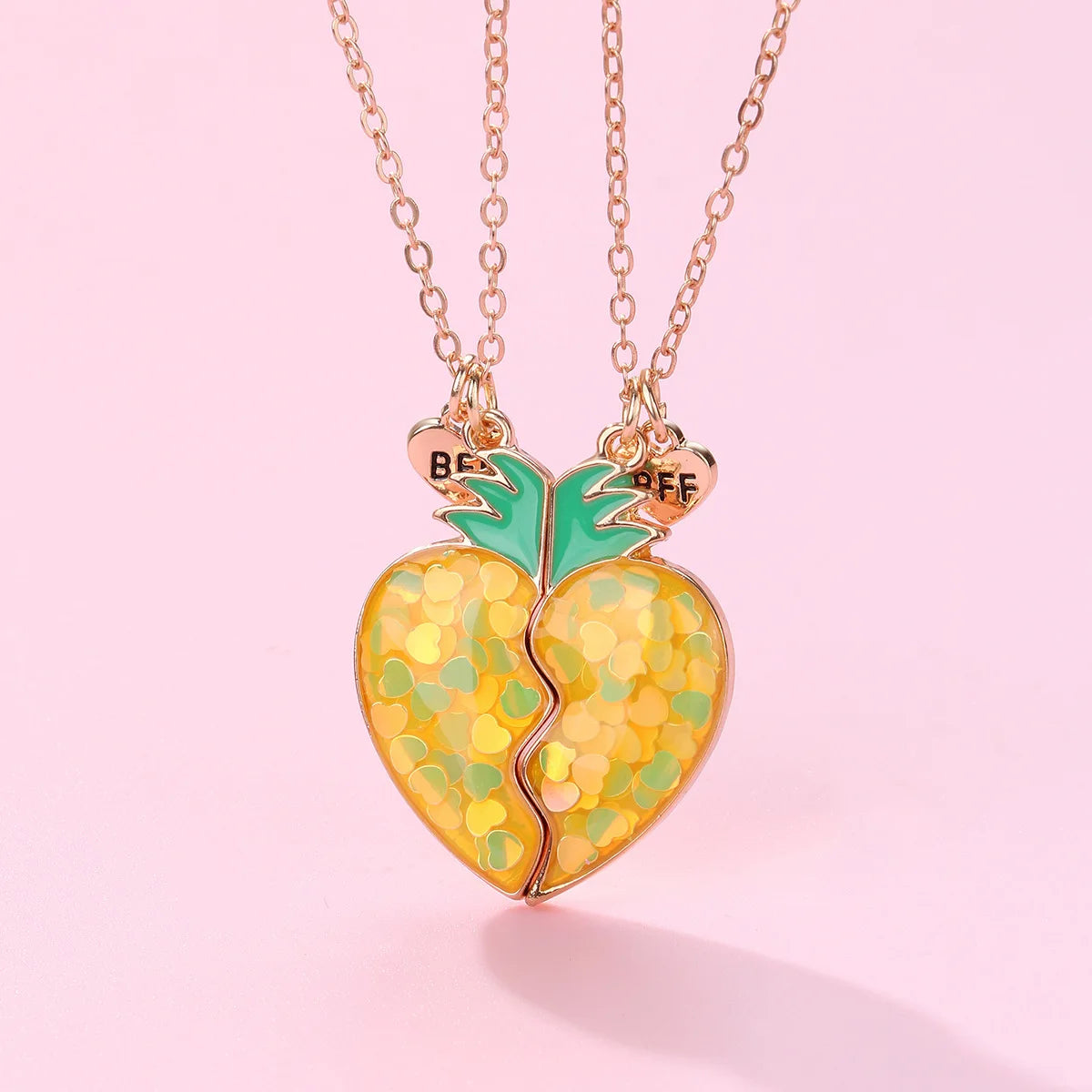 Magnetic Heart Puzzle Pineapple Charm Drip Oil Heart Pendent Necklace for Couples Best Friend Forever BFF Necklace for Kids