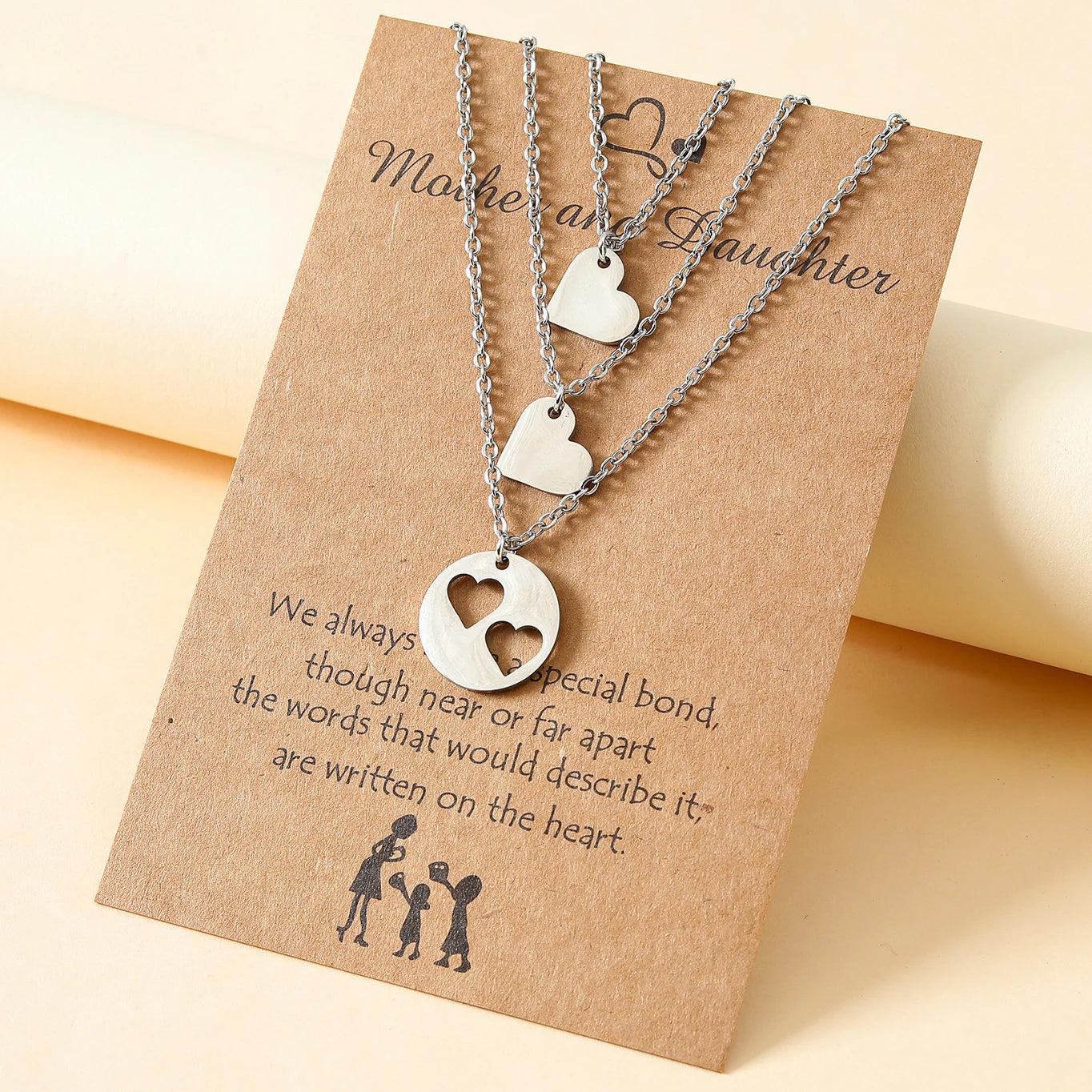 Trendy Mother's Day Gift Silver Plated Stainless Steel Heart Shaped Pendant Mother and Daughter Necklace for Women