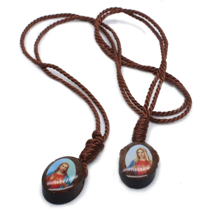 Shoulder Board Rope With Wood Bead of Jesus and Maria Pictures