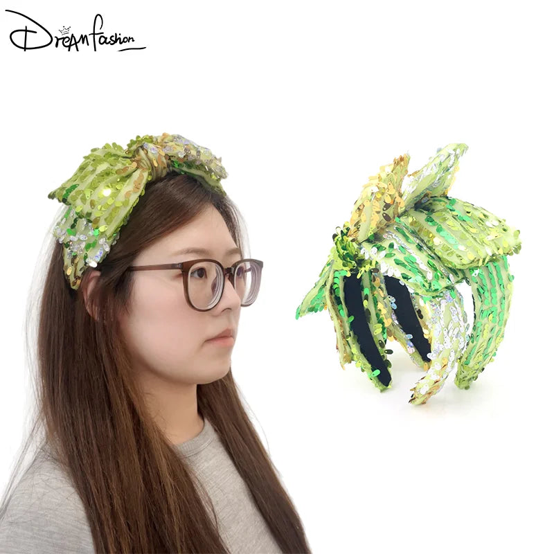 New Arrival Green Glitter Sequins Elegant Casual Fashion Simple Bowknot Designer Woman Full Diamond Headband