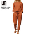 OEM Wholesale Women 2 Piece Cotton Polyester Long Sleeve Loose T Shirts High Waist Drawstring Loose Wide Leg Pant Sets