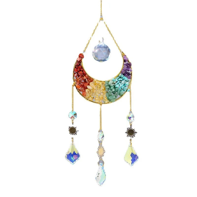 Hongzhuo Cross-Border Natural Crystal Gravel Moon Wind Chime Colorful Sun Catcher Garden Decoration Pendant Christmas Engraving