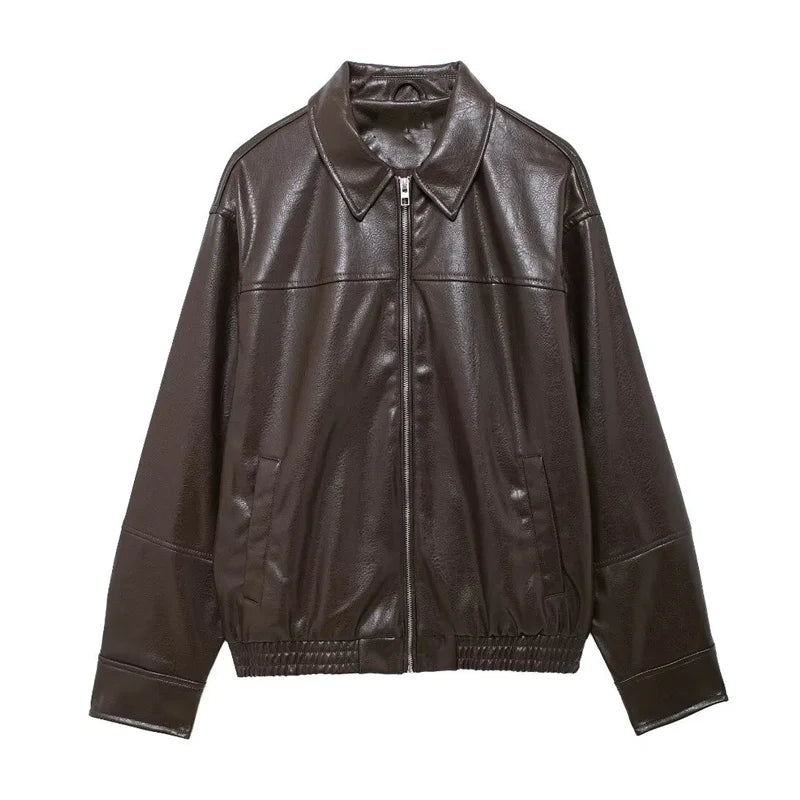 ZATRHMBM Autumn Winter Women's Faux Leather Bomber Jacket Coat 2024 Long Sleeve Zipper Elegant Street Style Ladies Outerwear