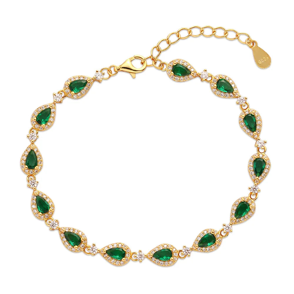 Wholesale Fashion 925 Sterling Silver Light Luxury Water Drop Shape Emerald Zircon Gold Plated Bracelet Jewelry for Women Girls