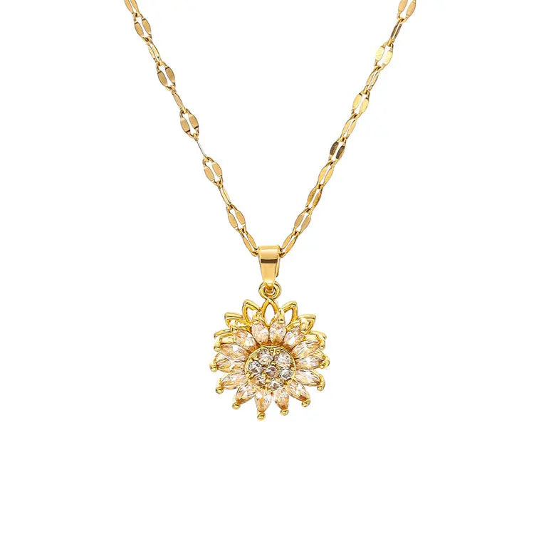 SC Luxury Zircon Rotating Flower Pendant Necklace Non Tarnish 18K Gold Plated Stainless Steel Sunflower Spinning Necklace Women
