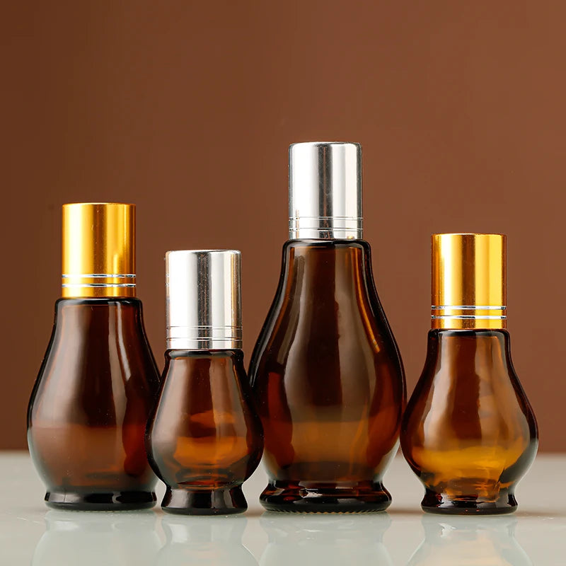 Tea Colored Single Gourd Glass Cosmetic Essential Oil Bottle with Roll on Sealing and Screen Printed Design