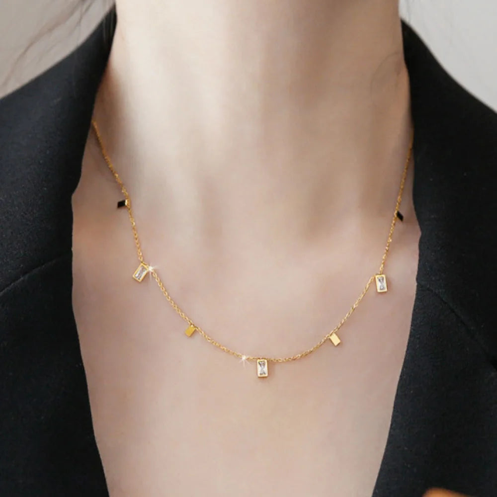 Women Bohemian Trending Stainless Steel 18k Gold Plated Geometric Zircon Charm Pendants Women Choker Necklace Jewelry