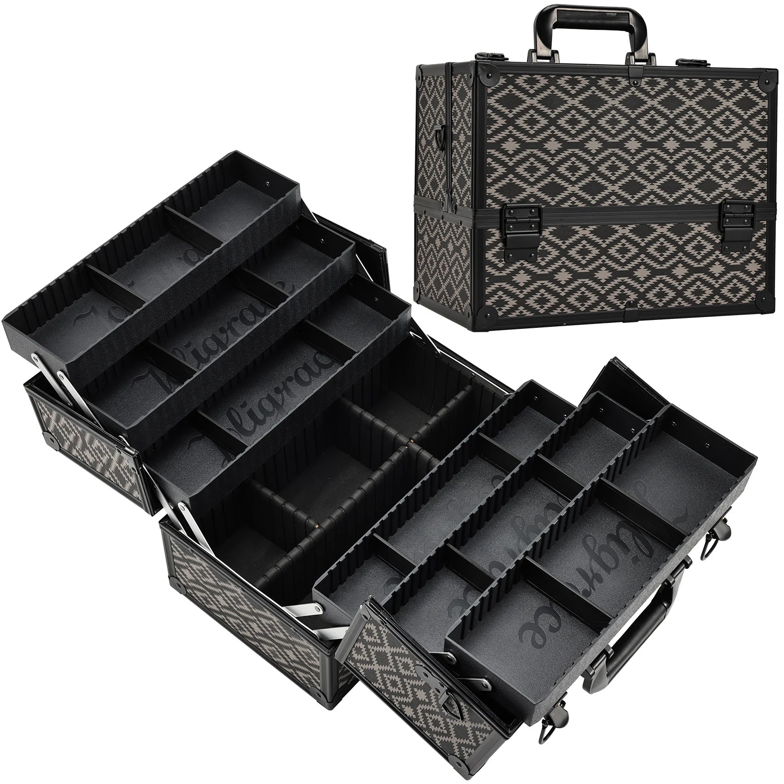 Professional Makeup Case with 6 Tier Trays Large Train Makeup Box for Portable Jewelry Storage Shoulder Strap