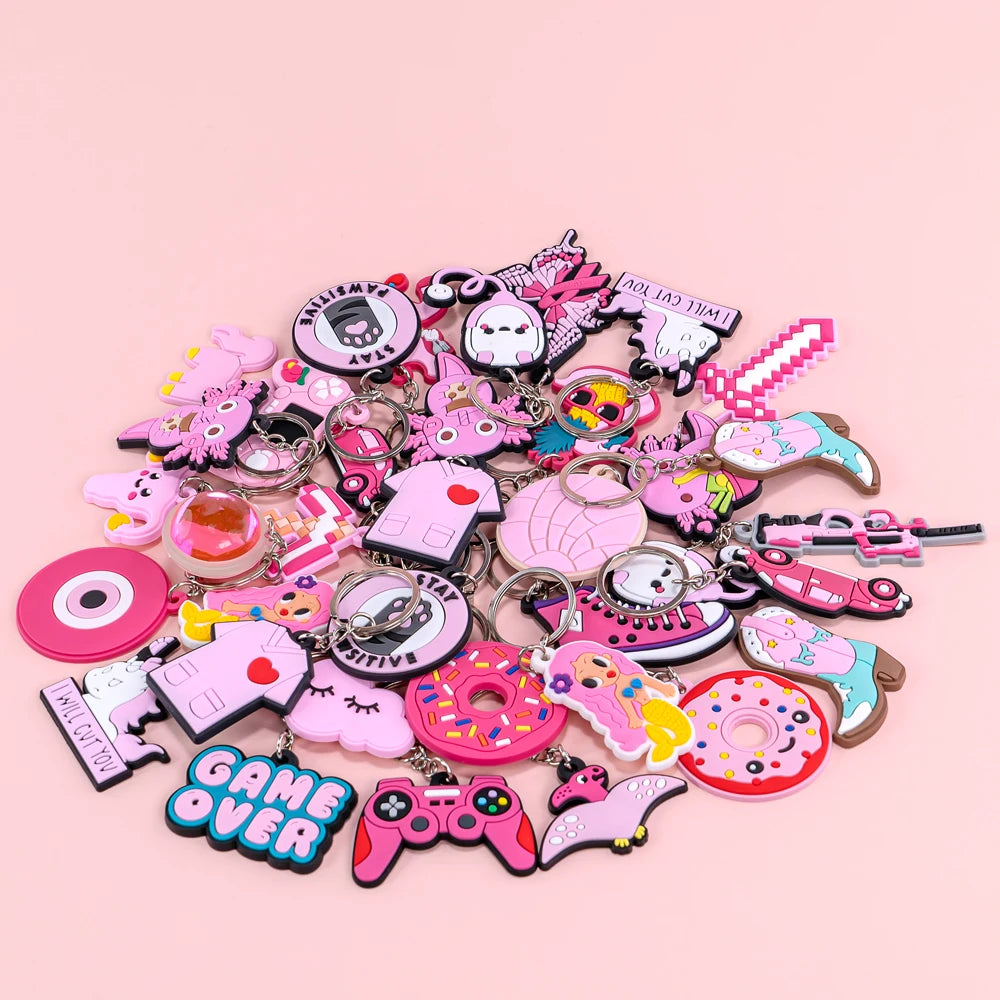 Keychain Pink Cartoon Figure Keyrings Cute Key Chains Memento Key Holder Fit Kids Children Bag Trinket Custom Wholesale