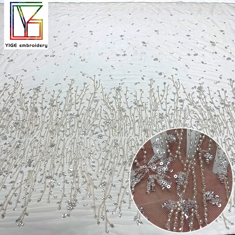 Wholesale Embroidered Tulle Sequin Lace Fabric Luxury Beaded Lace Fabric for Women Wedding Dress