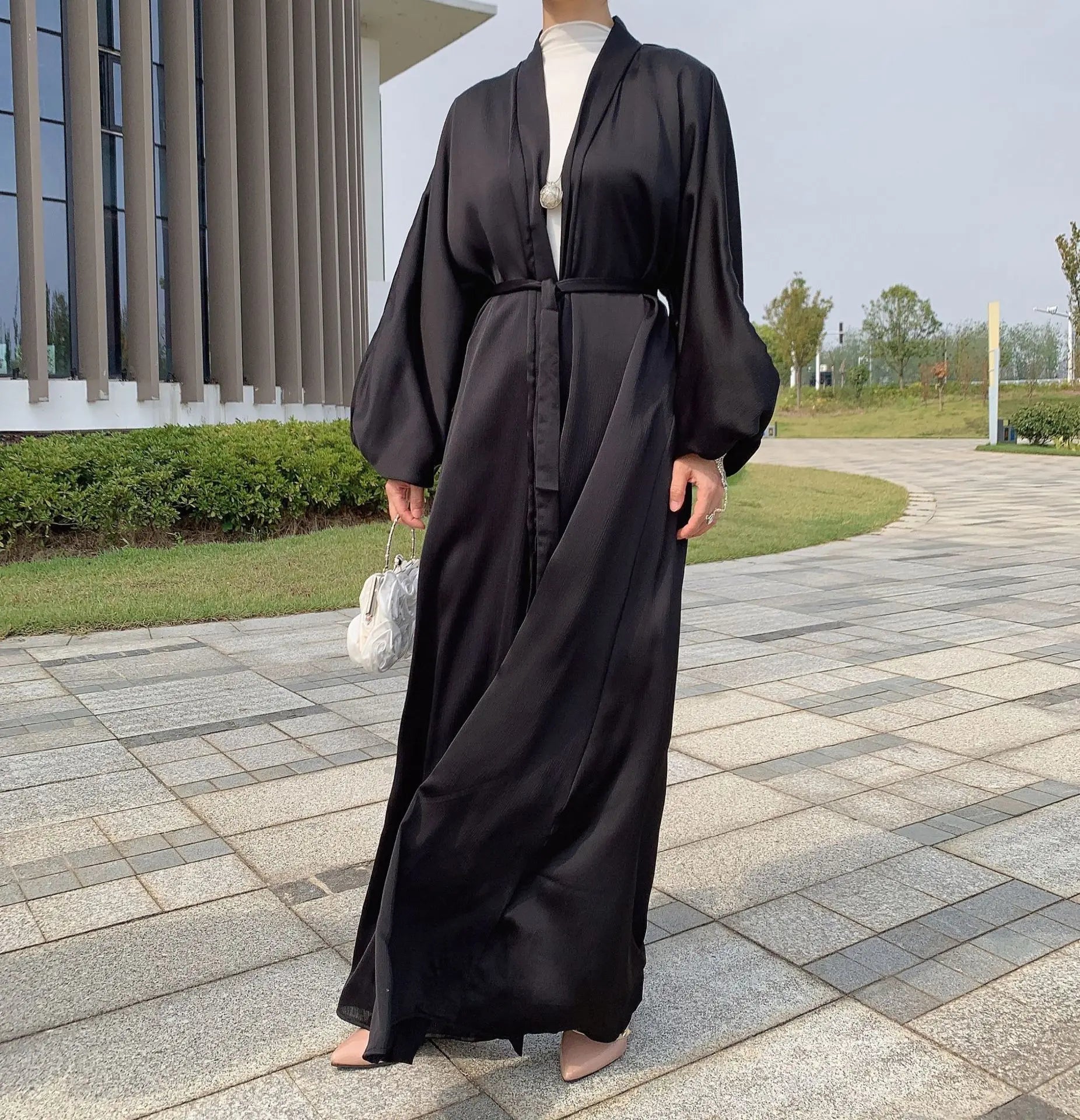 Enyami 2XL Elegant Satin Maxi Cover up Cardigan Dress Afghan Robes Long Sleeves Abayah Islamic Muslim Dresses Women With Sashes