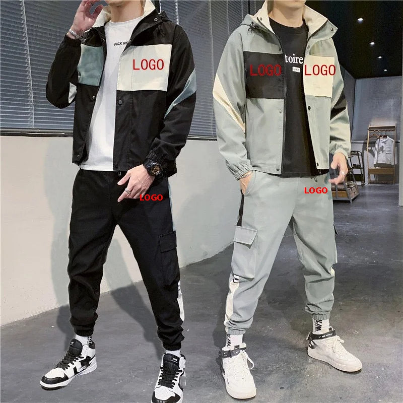 Men Casual New Custom Logo Splice Track Suit Zipper Hoodies Pants Men Joggers Suits Set Sportswear Sweat Suits Men Clothing