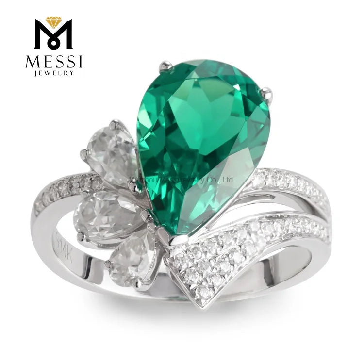 Messi Gems MSR-216 Factory Price 14k/18k White Gold Emerald Ring Fancy Design Nature Flower Inspiration Moissanite Ring