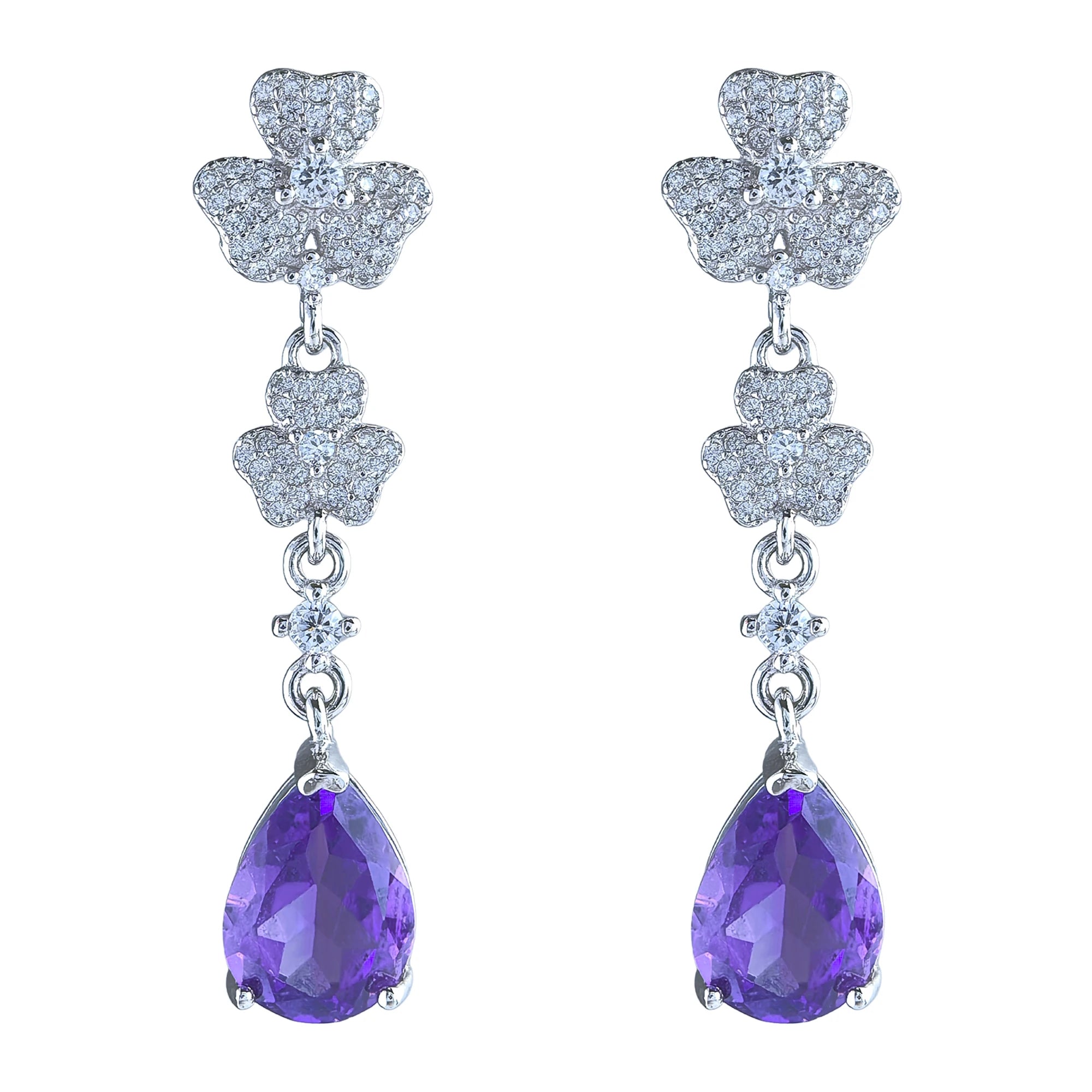 Factory Wholesale Rhodium Plated 925 Sterling Silver Pear Cut Natural Amethyst Clover Drop Earrings for Women Gift Party Wear