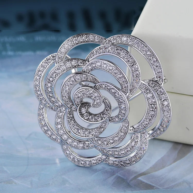 Luxury High Quality Brass Metal Flower Brooch Domed Crystal Cubic Zircon for Women's Wedding & Engagement