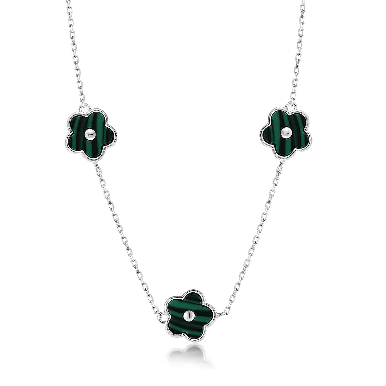 QX CUSTOM Fine Jewelry 925 Sterling Silver Malachite Five Leaf Clover Flower Pendant Women Necklace