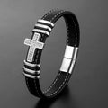 Personalized Zircon Inlay Cross Genuine Leather Bracelets Wristband Stainless Steel Magnetic Clasp Leather Bracelet for Men