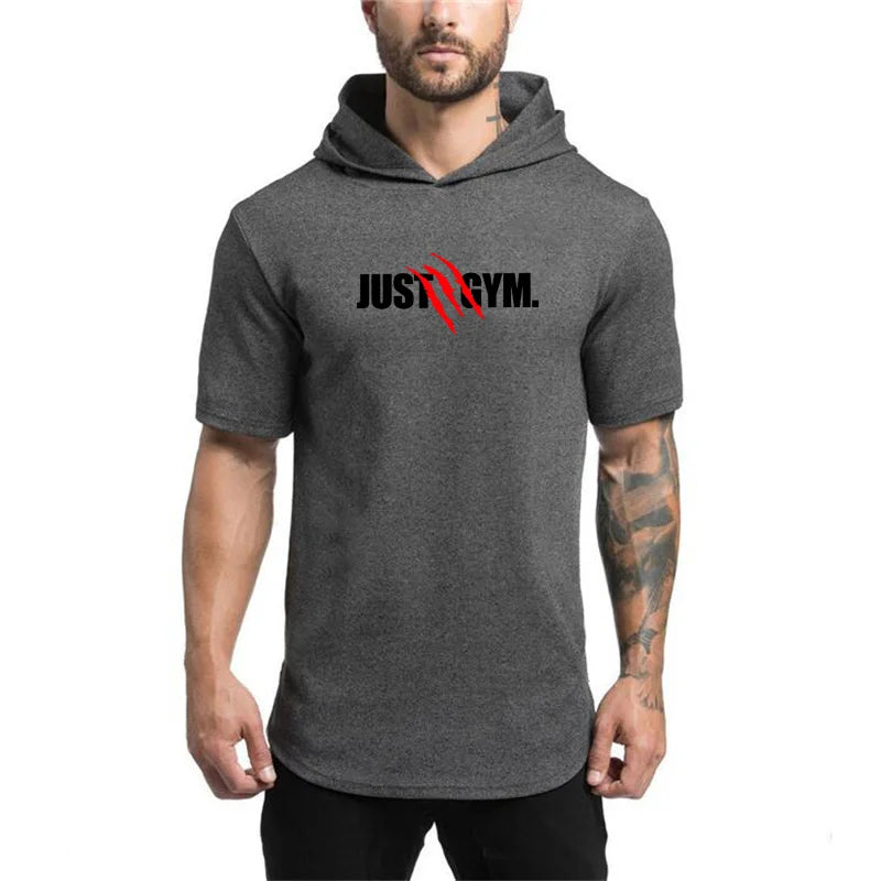 Custom Logo Mens Bodybuilding Hoodies Men Gyms Hooded Short Sleeve Fitness Slim Printed Cotton Pullover T-