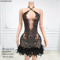 Ocstrade Sparkly Rhinestone Fashion Design Club Party Dress Crisscross Halter Sleeveless Ladies Mini Club Dress With Feather