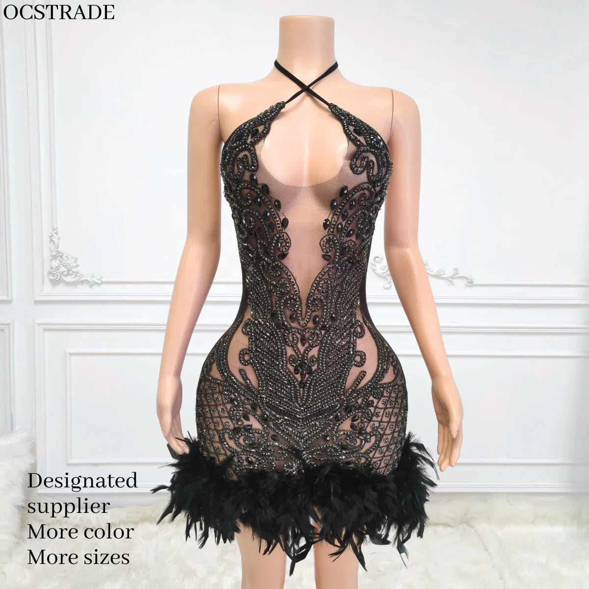 Ocstrade Sparkly Rhinestone Fashion Design Club Party Dress Crisscross Halter Sleeveless Ladies Mini Club Dress With Feather