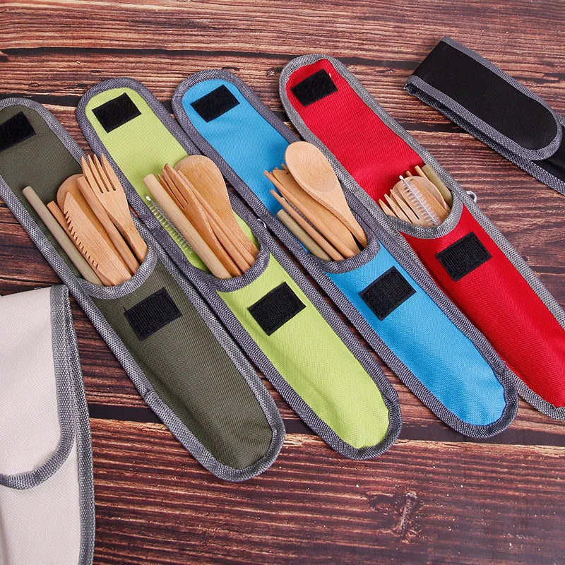 2021 Korean Portable Utensil Cutlery Set Natural Reausable Bamboo Wood Spoon Fork Chopsticks with Pouch Bag for Travel