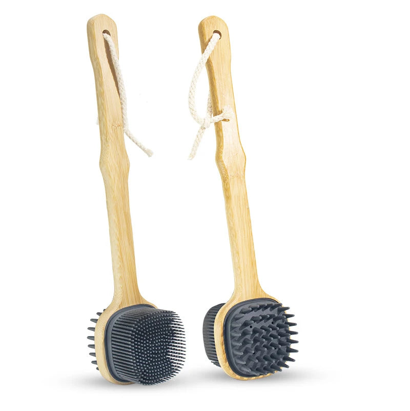 Back Massage Brush With Bamboo Wood Handle Silicone Brush Exfoliating SPA Dry Skin Bath Tools