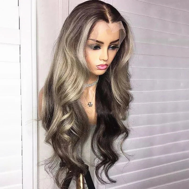 Natural Hairline Ombre Ash Platinum Blonde Highlight Loose Wave Virgin Brazilian Human Hair Transparent Lace Front Wigs MegaBDM