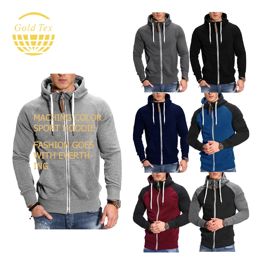 Hot Selling Men's Thick Zip-Up Hoodie-Solid Autumn 100% Polyester Sweatshirt