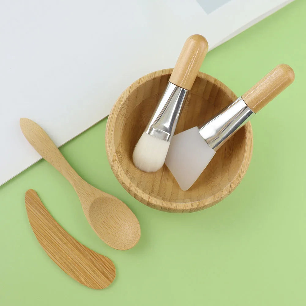 Small Skin Care DIY Cosmetic Bamboo Mask Mixing Bowl Tool Sets 4 Pack with Bowl BrushBlade Mini Spoons Mini Mask Brush and Bowl