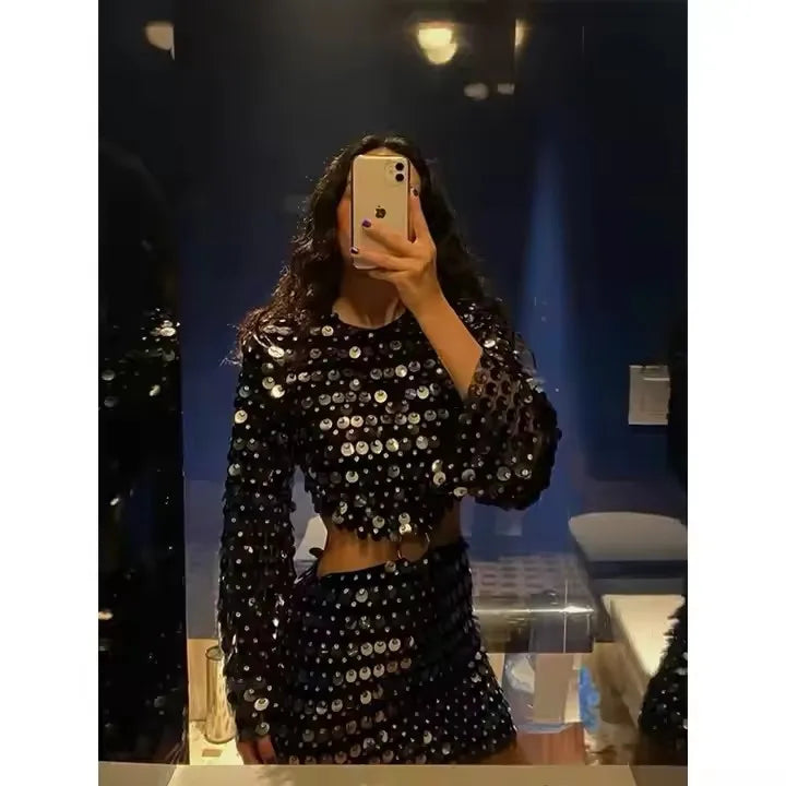 2025 New Female Casual Dresses Fashion A-line Slim Elegant Short Vestidos Patchwork O-neck Sequin Long Sleeve Mini Dress